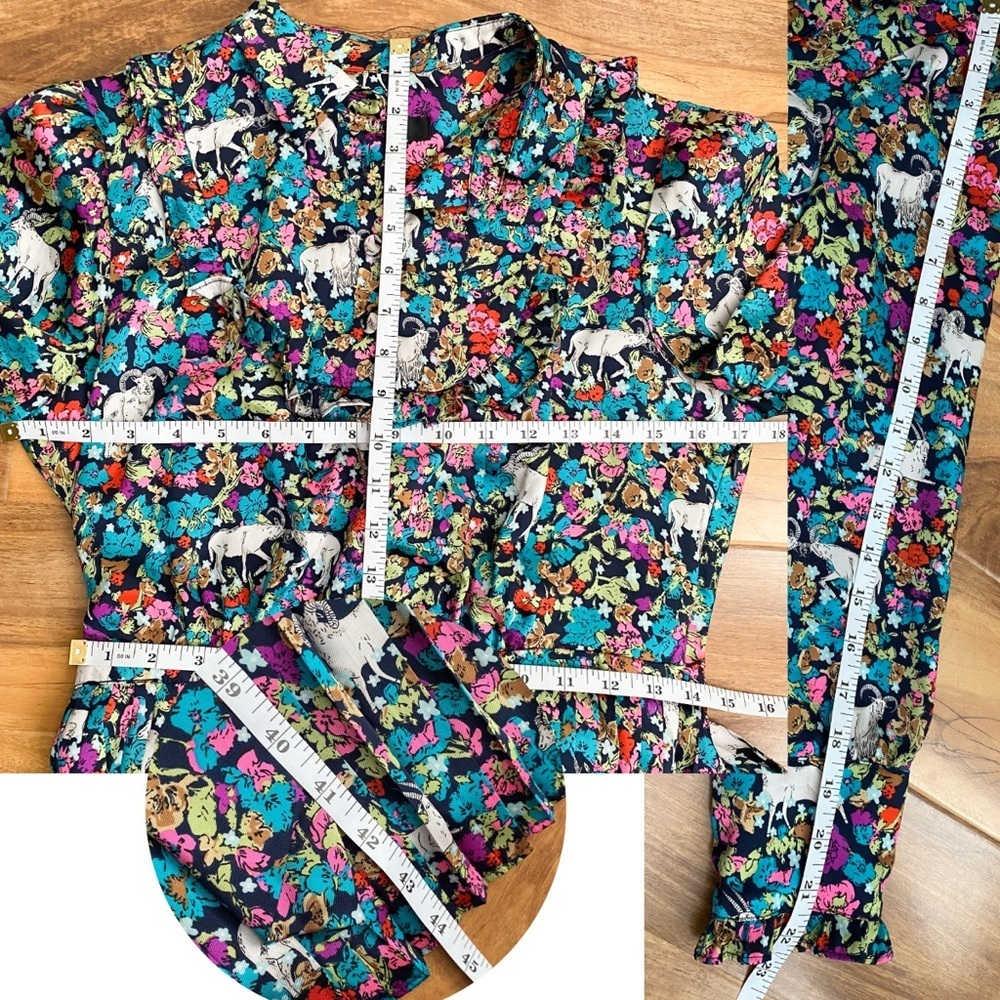 Grazing Goat Pleated Floral Midi Dress Collar Long Sleeve Animal Artsy Novelty 2 - Picture 9 of 9